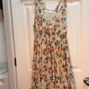 Source Unknown Cream Midi Dress with Red & Blue Floral Print